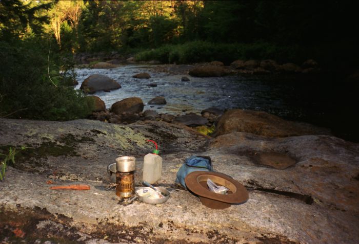 Dinner on the Cold River! This is a short distance downstream from the Colgate-crowded leanto, and was a wonderful spot.