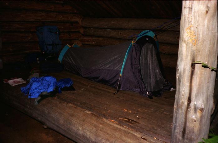 I'd arrived at Northern Leanto #2 shortly after 5:00 PM, and at 9:00 set up the tent inside it for mosquito protection. All alone... except maybe for the bear who made that print!
