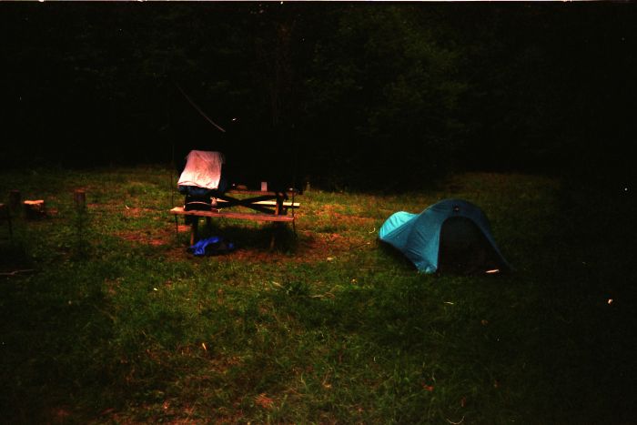 My last-night's setup at Moose Pond. I'd arrived here a 2:45 PM, in light rain. This was my final night out. The next day, Friday August 12 1995 (Day 5), I walked from here to our Newcomb camp.