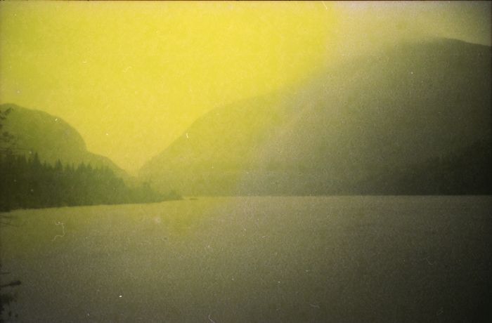 Looking north along Lake Colden, about 3:20  PM. The Ranger's Outpost is on the point at the left.
