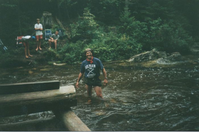 Arch Montgomery, headmaster of Baltimore's Gilman School, helping me to ford Roaring Brook. I gave our neighbor Brad Rogers (headmaster of Odyssey School) this photo, and he presented it to Arch, as a surprise, at a headmasters' meeting!