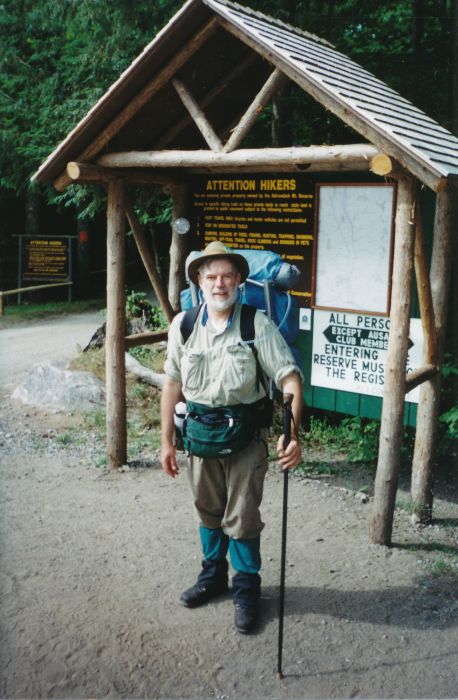 This hike is over! (Day 9, August 20, 1999... our 33rd anniversary!) I left my informal Gill Brook tent site at 8:30 AM and reached this Ausable Club register at 10:00 AM. The attendant allowed me to call Helen, and I waited for her in my hammock, down near Route 73.