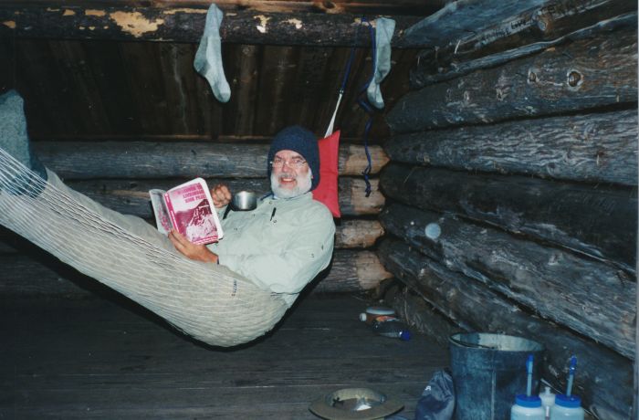Day 2 of my fourth backpacking trip (Friday, August 13, 1999), at Northern Leantos #2. I'm still using the little Kelty Seneca external-frame pack and the Eureka Mountain Pass 2 tent.