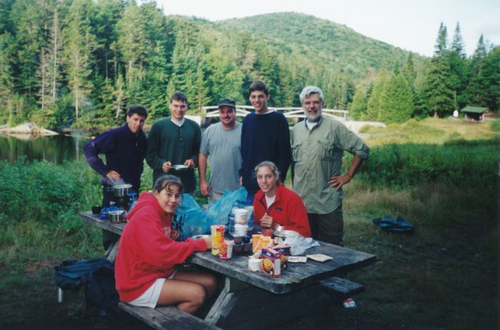 Breakfast Sunday morning (Day 4) with the Grant family, who have a camp on Rich Lake near Aunt Polly's. Larry (father), Scott (22), Mark (~18; the friendliest), Heather (16). They were impressed with my trip; theirs was just Upper Works - Duck Hole and back. Years later, on my first snowshoe trip, I met Mark on Goodnow Mountain.