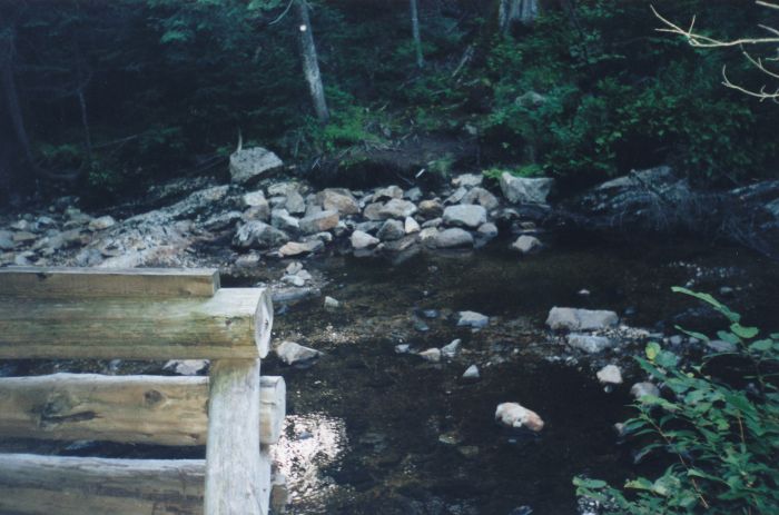 Sunday, I'd left the Duck Hole Leanto and the Grant family party 20 minutes earlier, and was preparing to ford Roaring Brook here. The trail heads east to Preston Ponds and the Indian Pass Trail.