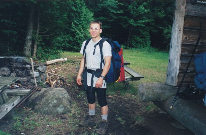 Doug Thompson, hitting the trail after his night in Northern Leantos #1, in front of my Northern Leantos #2. Day 3 (Saturday, August 14 1999) of my hike.