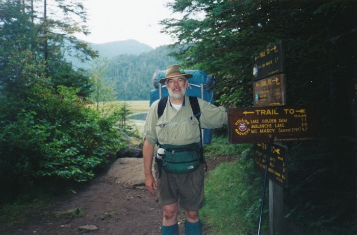 Leaving Flowed Lands at 8:00 AM, heading north to Lake Colden. My outfit is clear in this photo: Kelty Seneca, NorthFace fanny pack, Tracks hiking pole, Eureka 2-man tent.