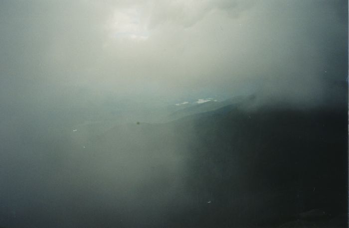 About 15 minutes after I left Marcy's summit, headed south to Four Corners, the mist began to clear. Here's my first enthusiastic shot of "the view."