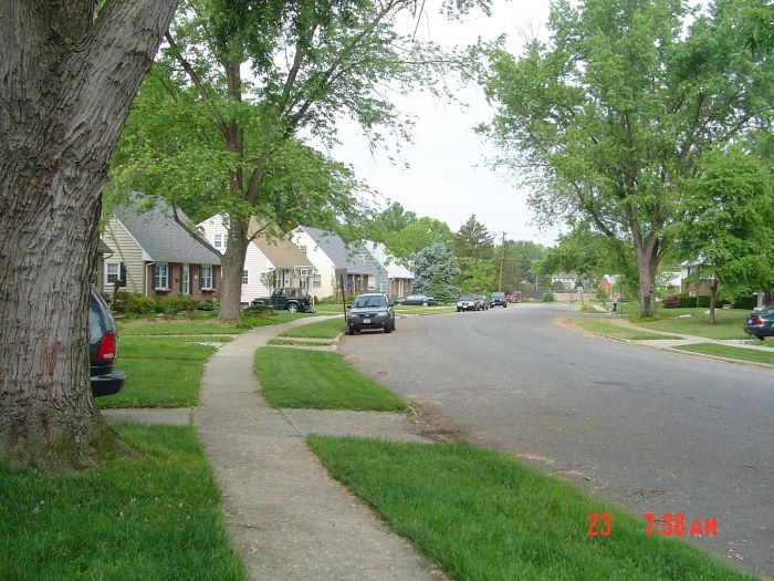 This photographic record is from May 2005. Starting my 1:15 walk to Towson University, I head west down Jeffers Road to the trees on the left, just past the last house in this photo.