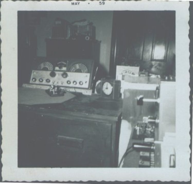 Obviously an earlier photo, May 1959. I actually DID know that one could saw off the excess length from switch and potentiometer shafts... but I was afraid of damaging the 6146 rig's bandswitch in the process.