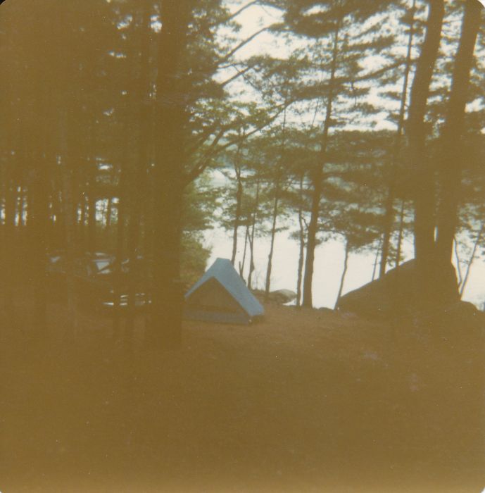 My Monday-night (Day 5, May 31) campsite at Pawtuckaway State Park in New Hampshire. I was using our first serious tent, made by Gerry.