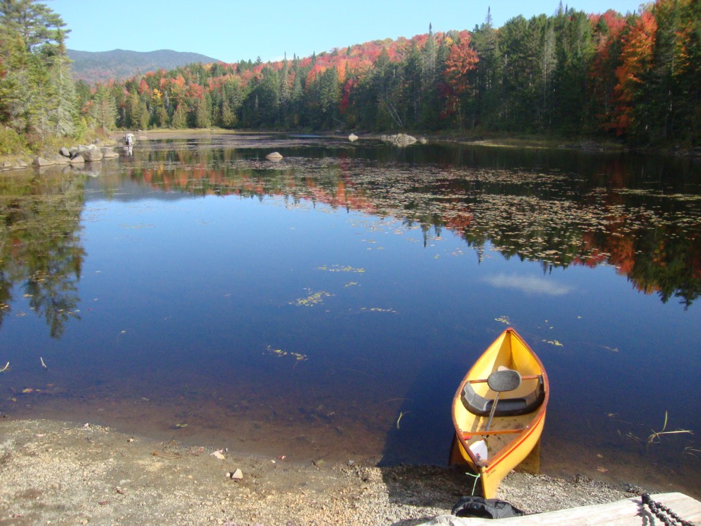 Here's a nice shot of the LaBier Flow take-out point just north of the bridge. Leaves are turning! (Rapids keep the Ponds from being paddled from here.)