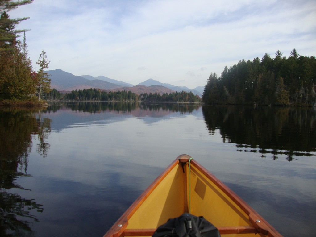 Paddling north from the First Pond put-in, at 10:00 a stunning view of the High Peaks emerged