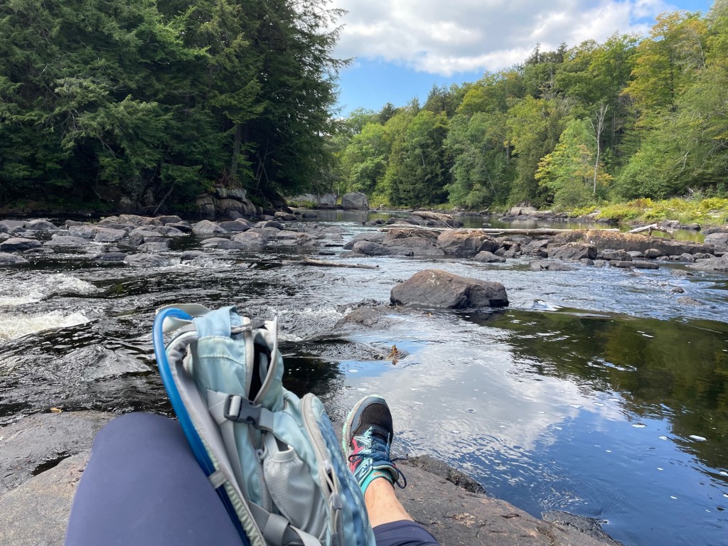 An hour from the Deer Pond turn sign, Andrea enjoyed lunch and this view upstream along the Cedar River. The path peters out just below here; it's where I stopped too.