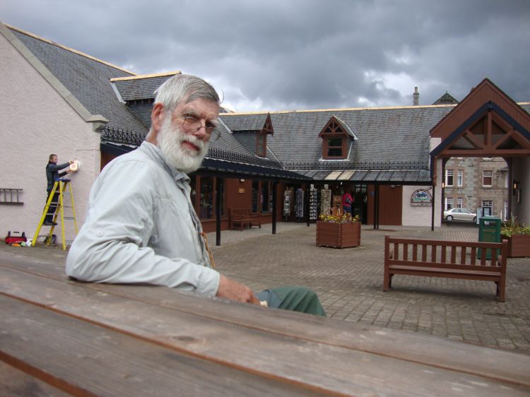 On Wednesday I moved from Corrour to Bob Scott's Bothy, near Derry Lodge, in about 3 hours. Low on food, on Thursday July 7 (Day 42) I walked 8 miles into Braemar to resupply. In this noon photo, I've enjoyed lunch at "Braemar Mews" and am preparing for the return walk. 