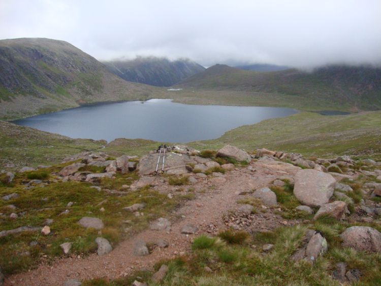 Ben MacDui called, so on Saturday, July 9 (Day 44 of my trip) I headed back up to Loch Etchachan. This shot, an hour out, looks north over it toward the gap leading to Loch Avon. The Hutchison path is at the right. I'm heading south, on the MacDui path, so this looks back the way I've come.