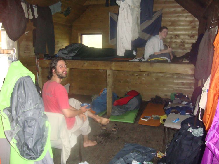 I'm packed up to leave Bob Scott's Bothy, Monday July 11 (Day 46) 8:00 AM, for the last time. It was pretty full last night; I slept at the lower left, behind Rafe (from Brattleboro VT). Five Dutch hikers and a couple of boys from Aberdeen (one on the upper bunk) were also here.