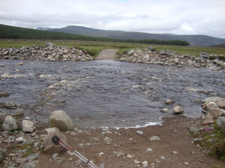 From Bob Scott's I headed southeast to Linn of Dee, then southwest along the Glen Tilt path. Shortly after noon I'd forded this river, wearing my Tevas and carrying my boots. The swift cold water was mid-calf depth.