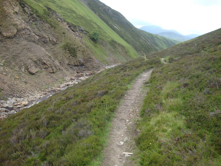 The Glen Tilt path at 2:20 PM, with the River Tilt on the left. I saw many sheep this afternoon, several on that steep opposite hill. About 3:00 PM I met my first people since 10:00 AM at Linn of Dee: two German boys sitting in the trail studying a map.