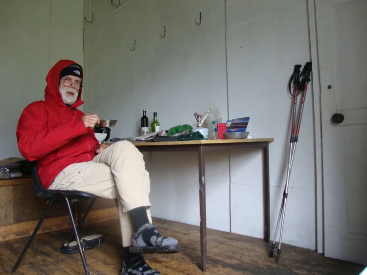 At 9:15 PM (Wednesday) I reached the A'Chuil Bothy, wet, cold, tired, and hungry after ten hours of walking. I stayed there Thursday, here drinking coffee at 10:15 AM. It is a nice bothy, though cold and clammy unless one gathers firewood ---- which I didn't.
