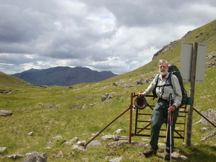 At the gate at 1:10 PM, only about four and a half hours since leaving A'Chuil Bothy. The reverse walk Wednesday (falling in a bog, walking to Strathan, and pumping two liters of water) had taken an hour longer,  