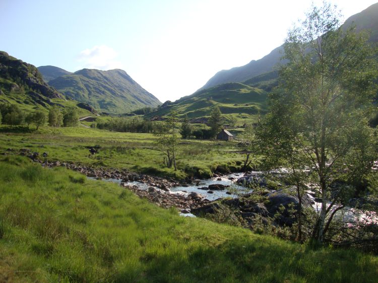 On Saturday morning at 8:00 AM this looks back to the Corryhully Bothy, where I'd spent Friday night, with some of the road visible at the left. The pass and gate lie northeast, in that V between hills. An hour later I was back at the Glenfinnan Viaduct and half an hour after that at the train station, heading back to Fort William. 