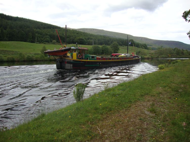 At 4:15 PM this tourist canal boat, the Fingal of Caledonia, passed me. It carries mountain bikes, canoes, and kayaks for its passengers' use at its many stops. I was to see it, and meet its guests, often as I walked the Great Glen Way.