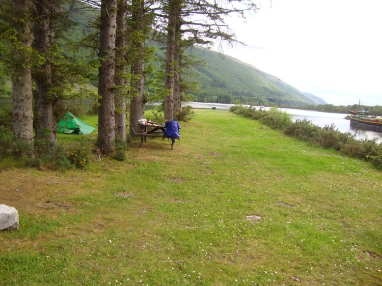 My second-night camp on the Great Glen Way, at Laggan Lock. Strong wind that night, off the Loch, had the tarp really flapping, and there was some rain... but I stayed warm and dry. This is a peninsula, separated on the left from the busy highway A82 by a quiet inlet. 