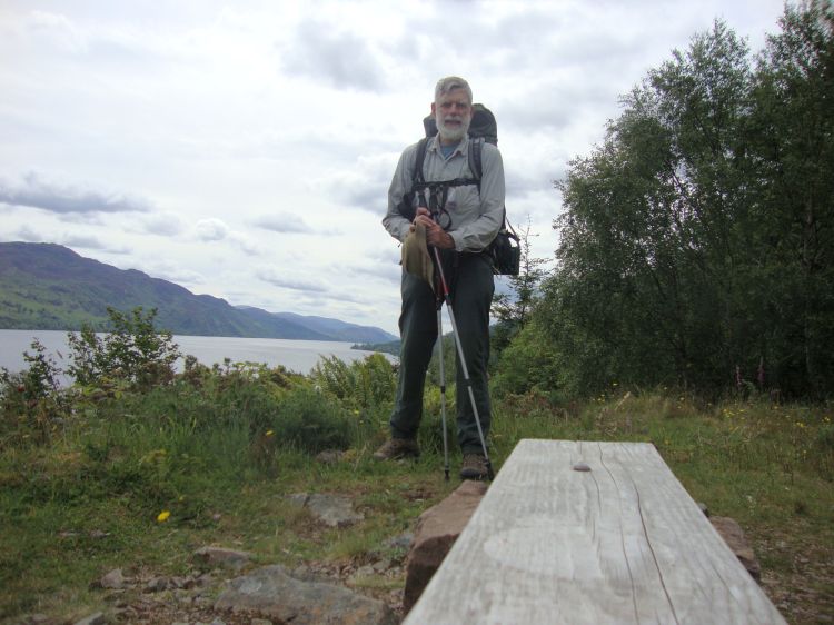 Looking south from a Loch Ness overlook, 2:10 PM. I'd reached Invermoriston about 12:45 and spent half an hour on a long and  steep memorable climb back up above the Loch. It was a pleasure to encounter level trail again.