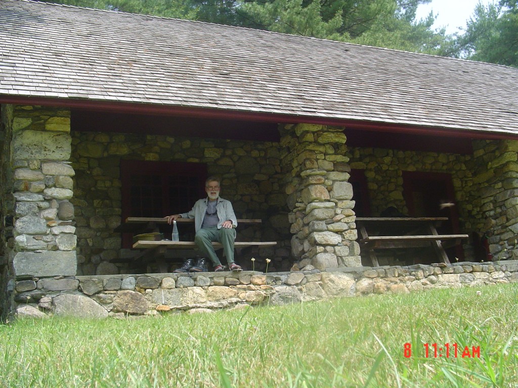 Lunch at the Santanoni Dairy House. From our camp on the south side of Goodnow Flow it is 6.7 miles to Route 28N (2:47). but only another 0:32 to the dairy house. [Actual time 12:11 PM, July 8 2008]