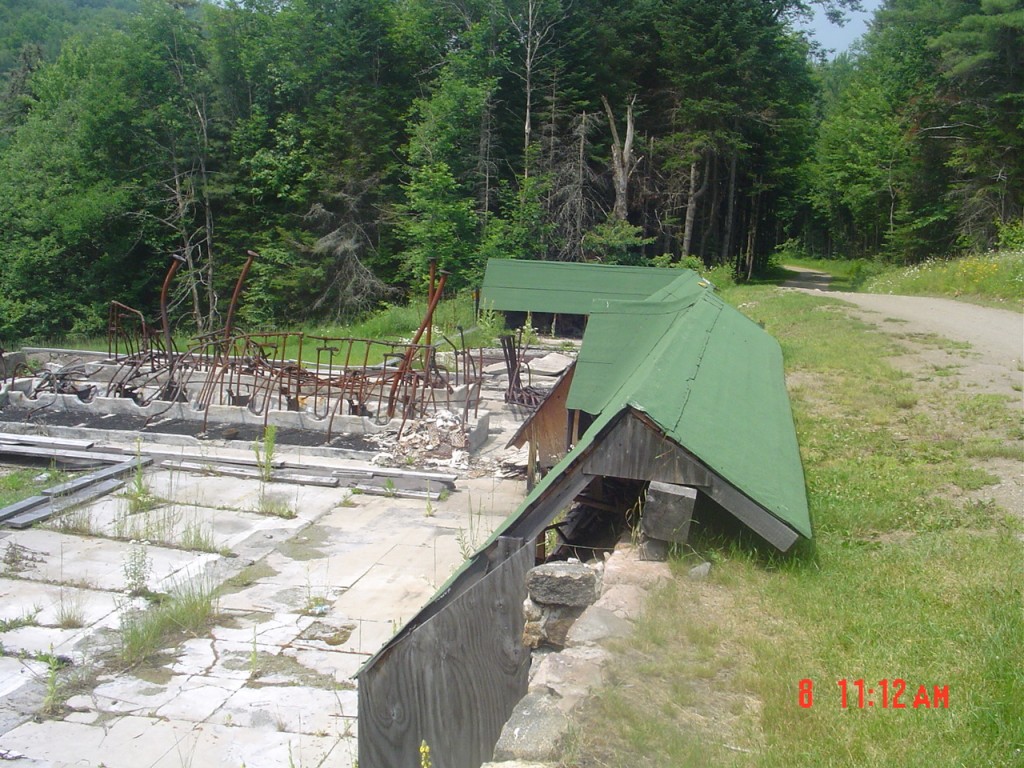 The remains of the beautiful Santanoni barn, burned about 2006. The fire was started, I was told, by young people smoking pot. 12:12 PM, 7/8/08