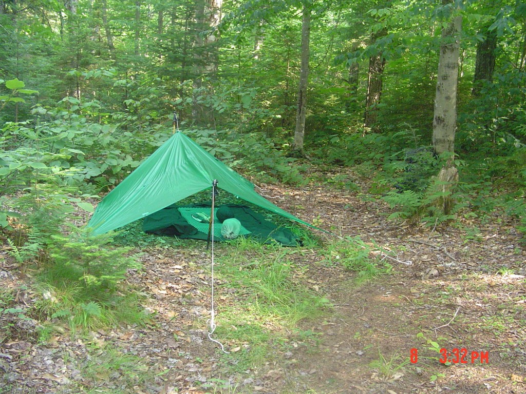 At the Moose Pond site, I set up the lightweight Silnet silicone tarp, using the Trek-R-3 hiking poles. This may have been my first use of this type of shelter.