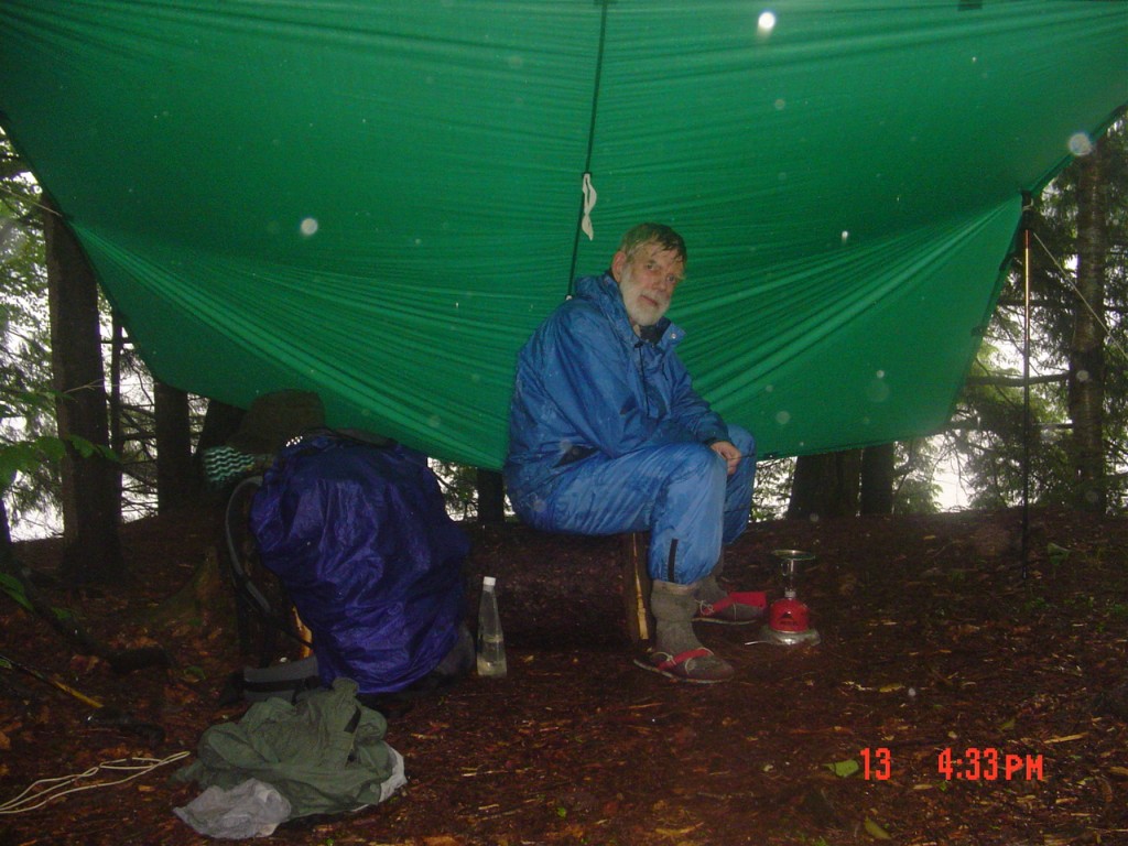 Heavy rain began at 1:40 and largely continued until I depacked at Moose Pond at 3:15. I erected the tarp, temporarily, like this to permit changing out of my soaking wet clothes.