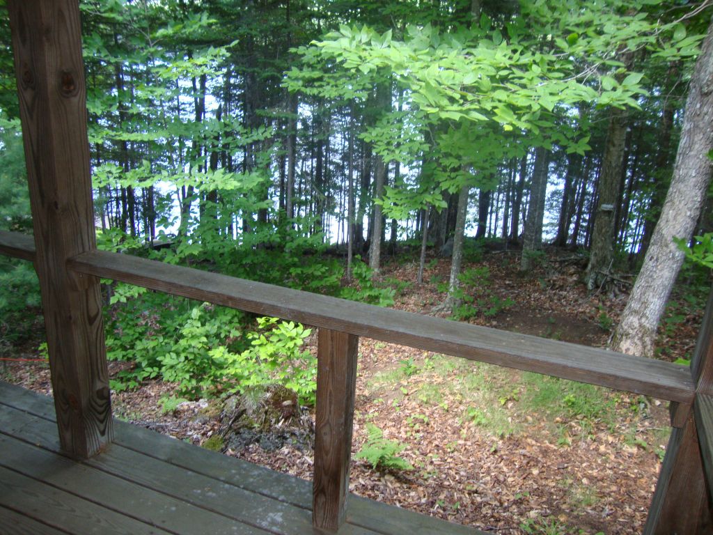 Porch to northwest corner
This was to show family and internet friends the view from my wonderful porch. Here, the day after my 76th birthday, we're looking toward the dock and Grumman near the northwest corner of Lot 49.