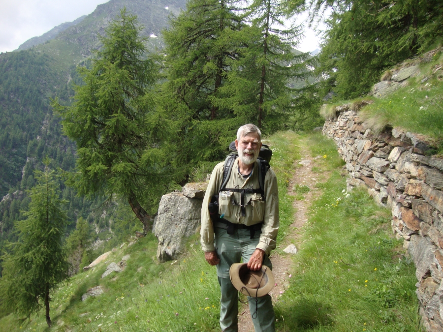 Shortly after noon, 4 hours out, along a pleasant section of trail a man from Australia snapped this. He is walking the Haute Route west to east, but is camped at Grachen and today is simply on a day hike to photograph this season's stunning Alpine wildflowers.