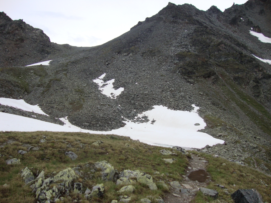 Grateful to be descending, I turned to snap this one, looking back up at the Pass from half an hour down the west side.