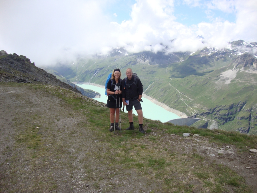 This English couple was at the Col (or Corne) du Sorebois when I arrived. Traveling east on the CZ, they grinned and agreed with my 1.6 multiplier for Reynolds's times, and said the trail is closed between Prafleuri and Mont Fort.